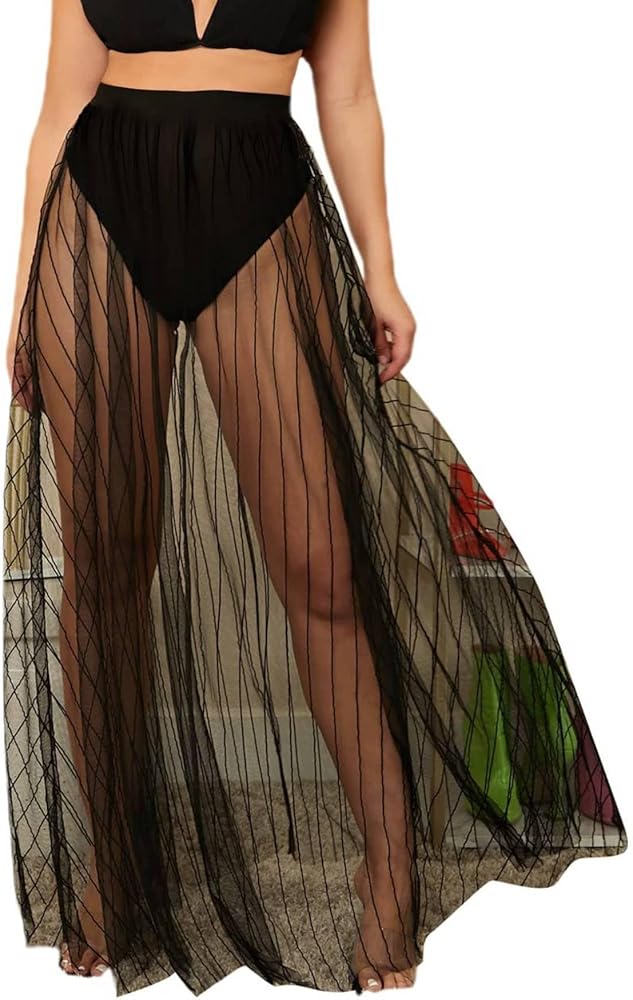 Milumia Women's Sheer Mesh Skirt See Through A Line High Waist Maxi Skirt