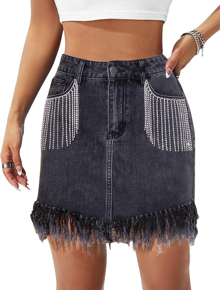 LifeShe Women Rhinestone Fringe Denim Skirt Raw Hem Frayed Distressted Jean Short Skirt