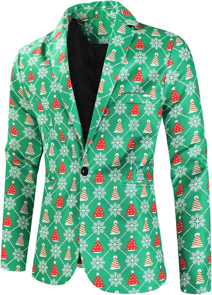 Christmas Blazer for Mens, Ugly Xmas Santa Claus Snowflake Print Tuxedo Suit Jacket One Button Lapel Party Blazers