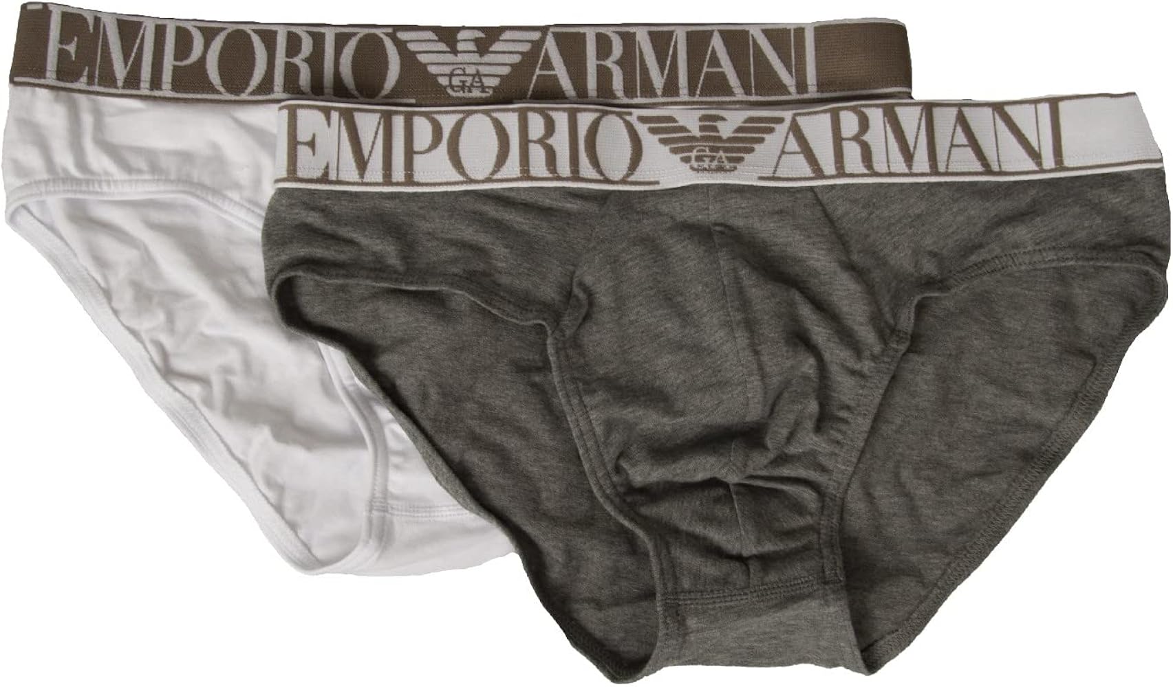Emporio Armani men's briefs 2-piece pack elastic underpants stretch cotton underwear article 111733 2F720 BRIEF, 61410 Bianco/Grigio melamge scuro, Large