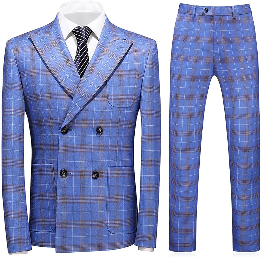 Mens Plaid 3 Piece Suits Slim Fit Double Breasted Plaid Suit Jacket Vest Pants Set Formal