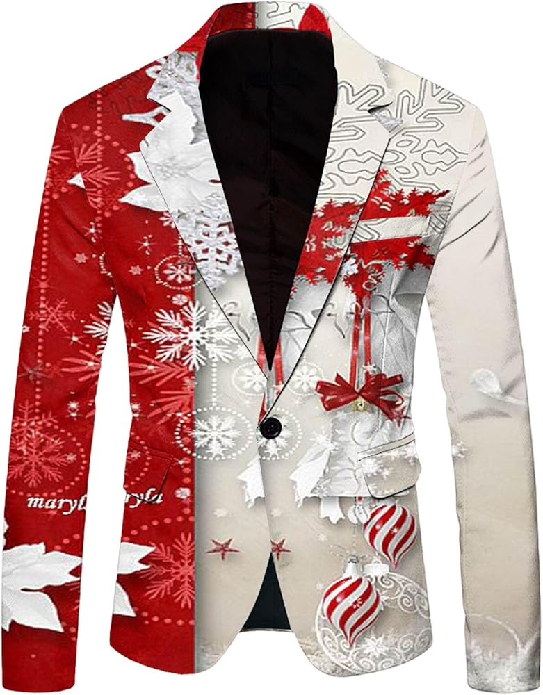 Christmas Tuxedo Jacket for Mens Jacket Blazer Groomsmen Classic Fit Prom Snowflake Print Blazer for Party Prom Wedding