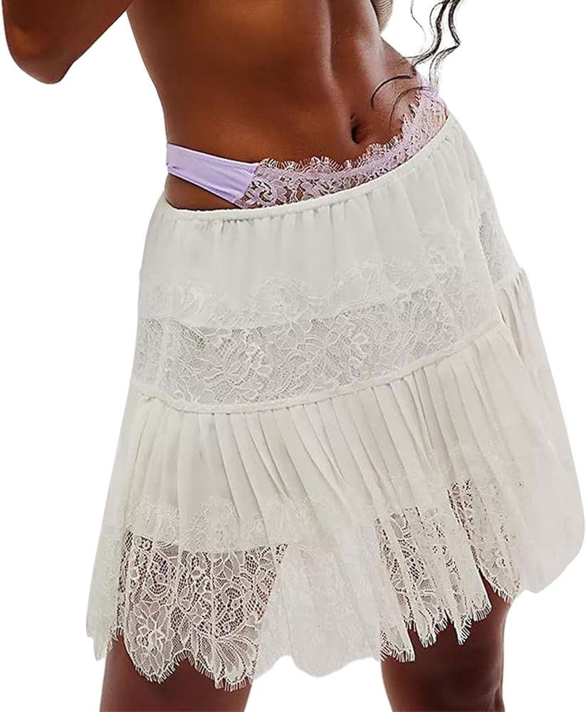 Lace Mini Skirts for Women Ruffle Pleated Low Rise Floral Short Skirts Y2k A-line Layered Half Slip Skirt