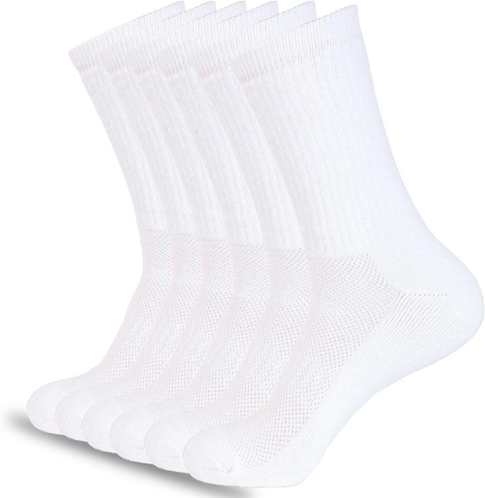 6 Pack Athletic Performance Crew Socks For Men and Women - Soft Cotton Blend with Moisture Wicking, Arch Support