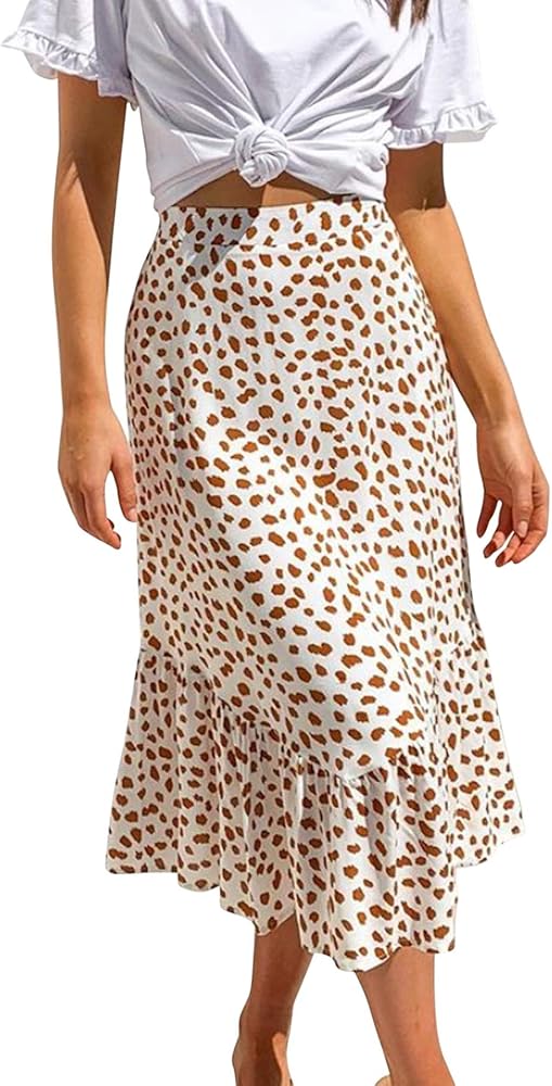 R.Vivimos Women's Summer Cotton Boho Irregular Polka Dot Print Ruffled A-Line Flowy Midi Skirts