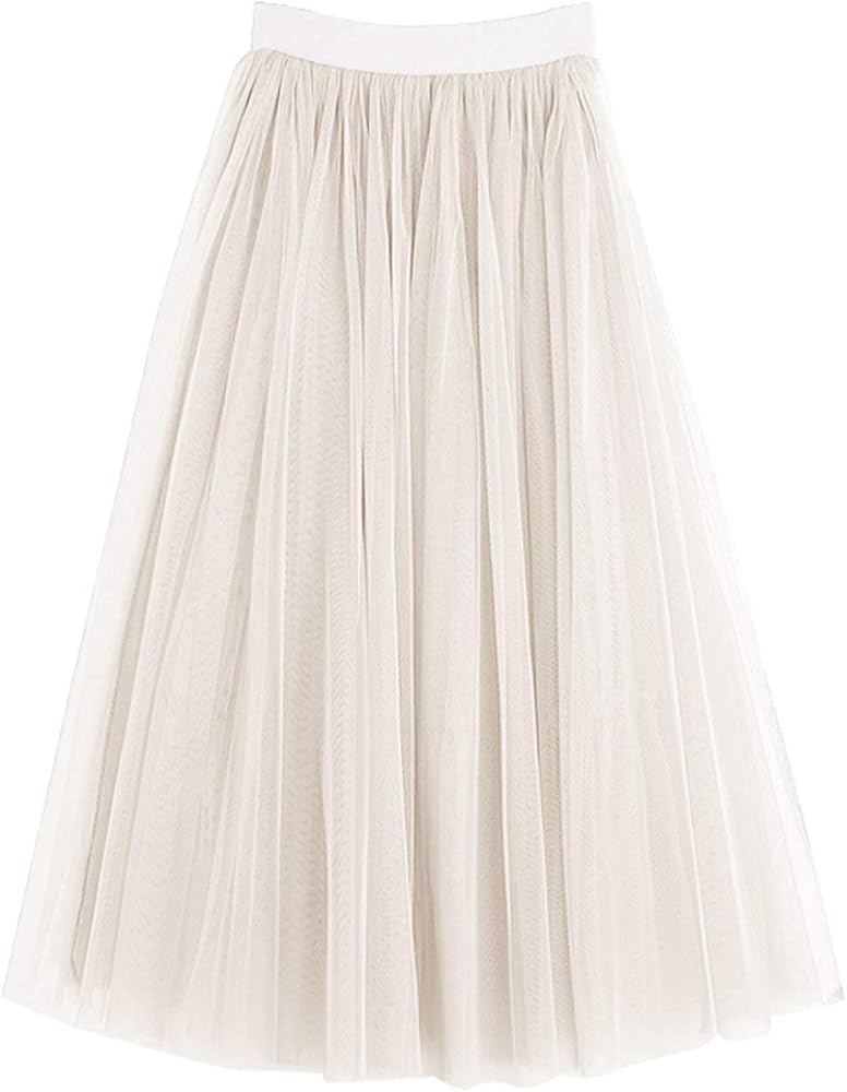 LBKKC Women's Midi Tulle Skirt Elastic Waist 3 Layered Mesh Formal Prom Party Tutu Skirt A Line