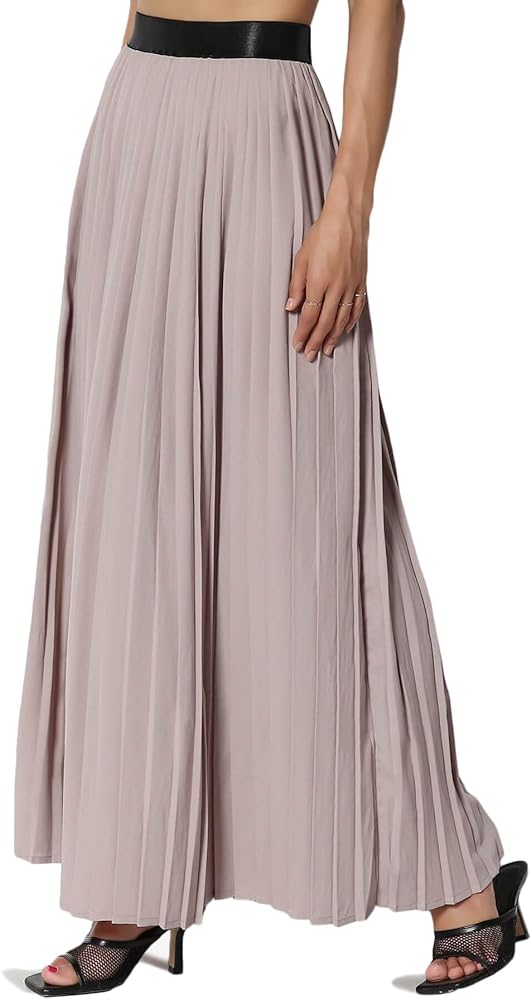 TheMogan Solid or Printed Mesh Overlay Elastic Waist Pleated A-Line Long Maxi Skirt