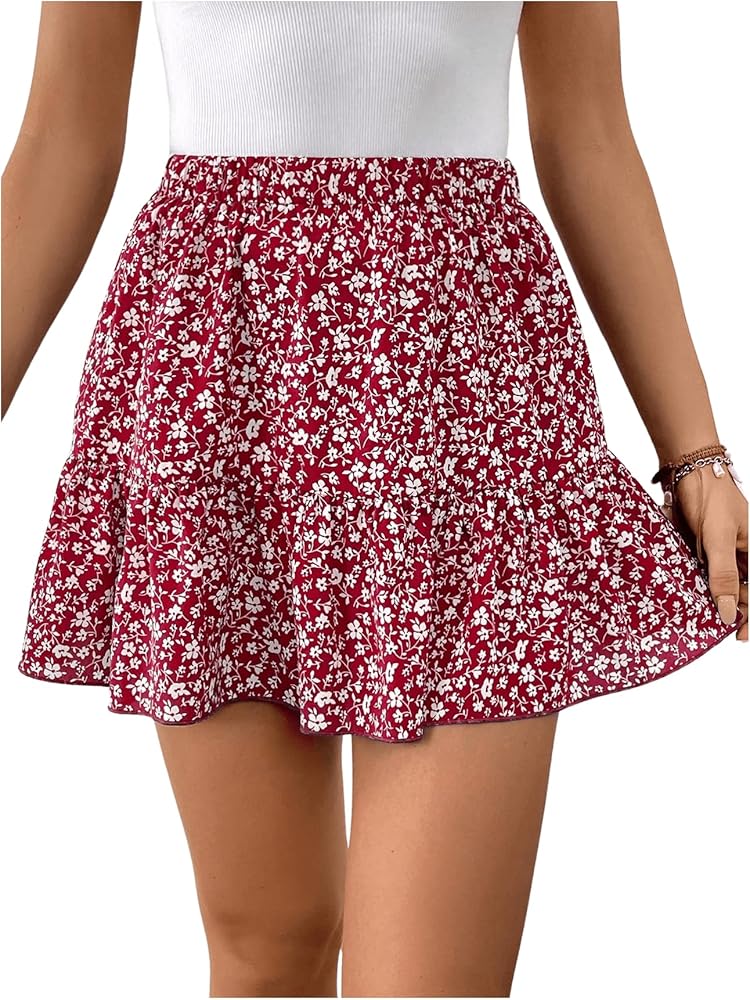 MakeMeChic Women's High Waisted Ruffle Hem Skirts Boho Ditsy Floral Swing Summer Mini Skirt