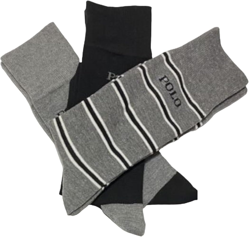 POLO RALPH LAUREN Men's Polo Logo Dress Liner Socks-6 Pair Pack-Lightweight Cotton Comfort with Non-Slip Heel (US, Numeric, 10, 13, Regular, Regular, Grey-Black-Stripe)