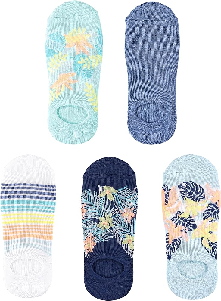 Men's No Show Ankle Socks, Tropical Flowers Pattern, 5 Pack, Fun Colorful Dress Socks for Men, Non-Slip Thin, Multi, One Size