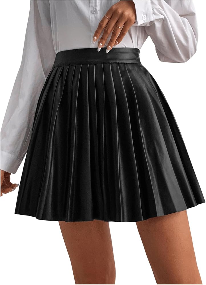 SOLY HUX Women's High Waisted Pleated Skirt Pu Leather Casual Mini Skirts