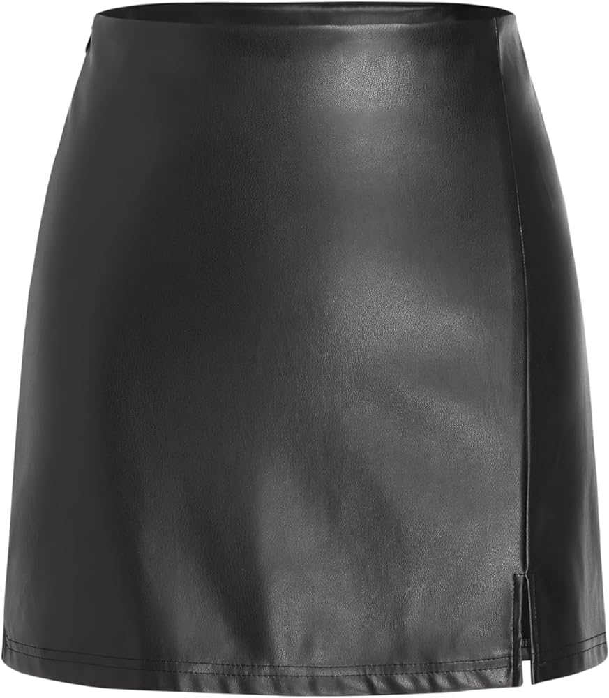 CIDER Faux Leather Solid Split Mini Skirt
