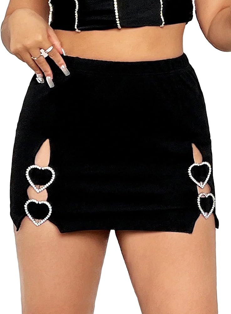 Floerns Women's Plus Size Low Rise Rhinestone Cut Out Heart Pattern Bodycon Mini Skirt
