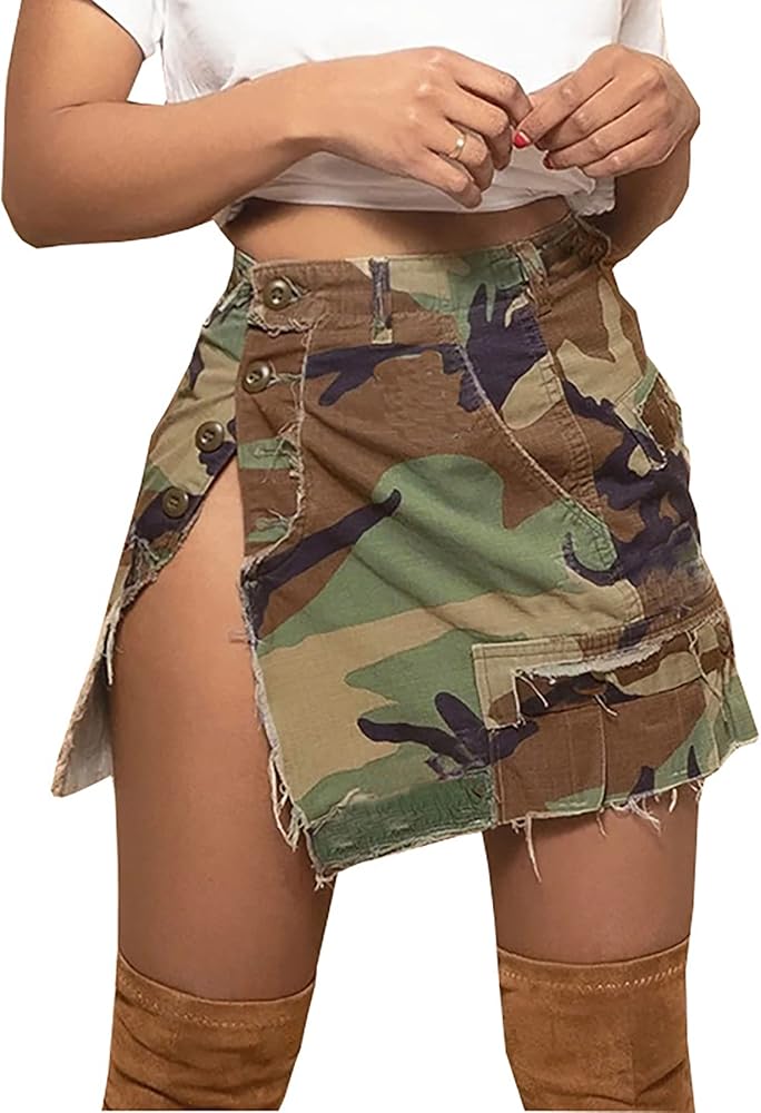 Molisry Women's Camo Cargo Mini Skirt Y2k High Split Camouflage Army Fatigue Short Skirt