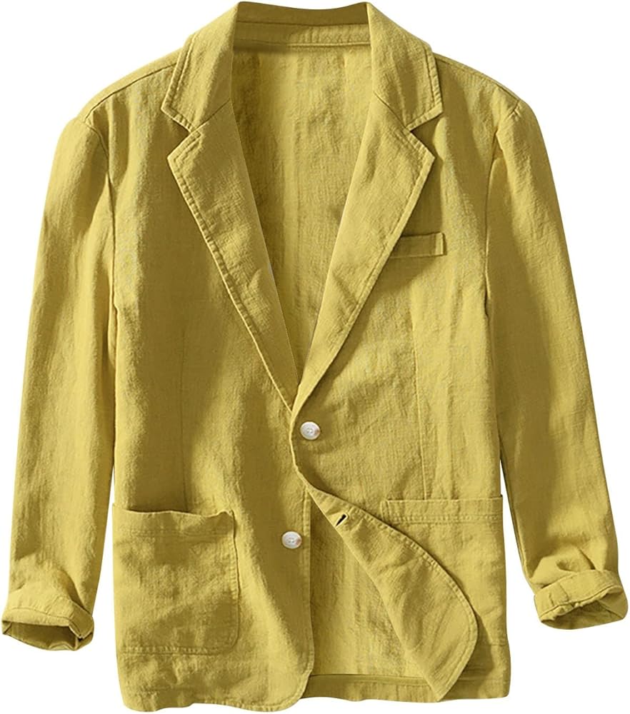 Men's Linen Business Suits Jacket Casual Loose Fitting Lightweight Fashion Solid Color Single Breasted Sport Coat