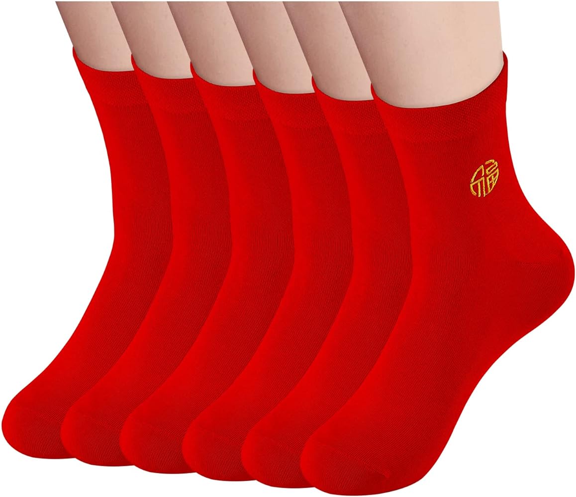 Red Socks Men's round neck sports casual comfortable calf socks, size11-14,6 pairs of red embroidery 福(Fu)