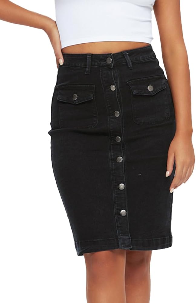 Women's Button Down Basic Denim Skirt Stretch High Waist Casual Jean Midi Skirts with Pockets