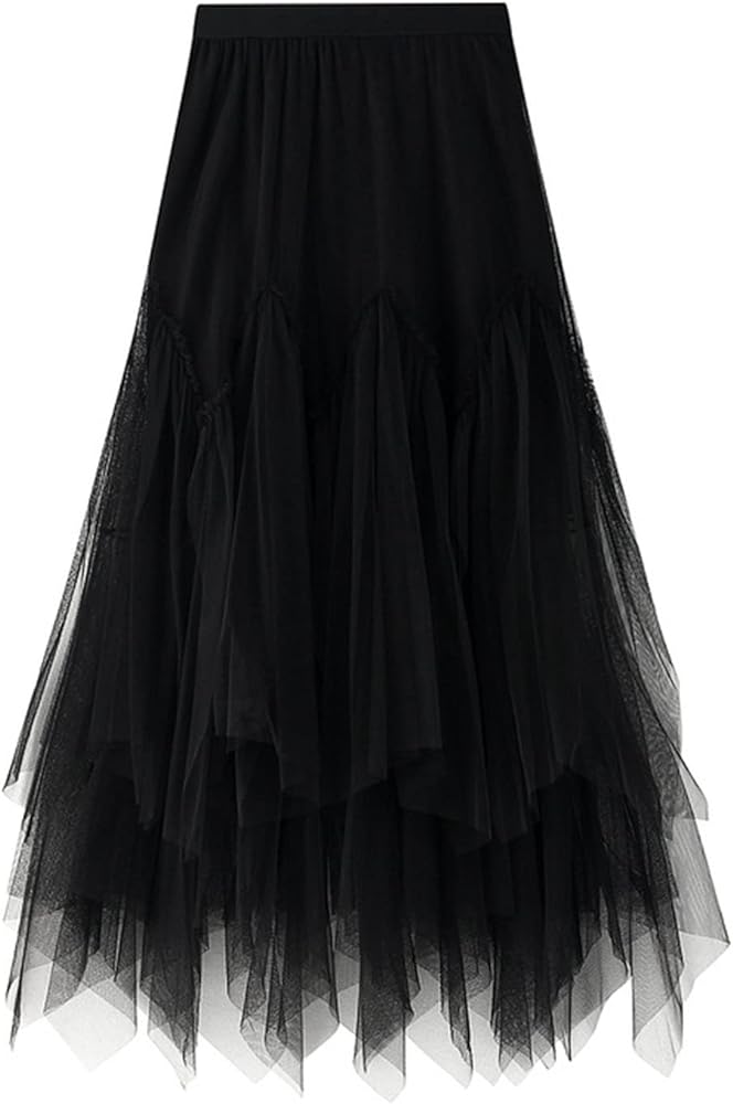 Women's Tulle Skirt Formal High Low Asymmetrical A-Line Fairy Elastic Waist Layered Long Midi Skirts