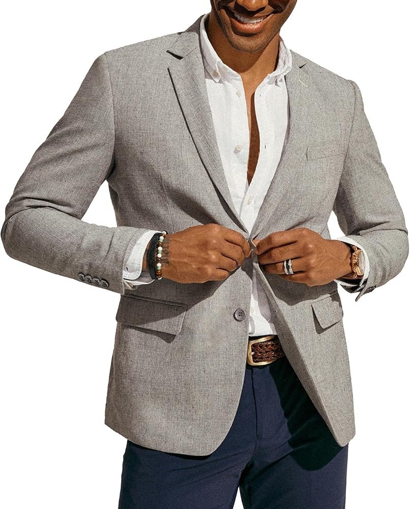PJ PAUL JONES Mens Blazer Casual Two Button Cotton-Linen Sport Coat Lightweight Plaid Suit Jackets