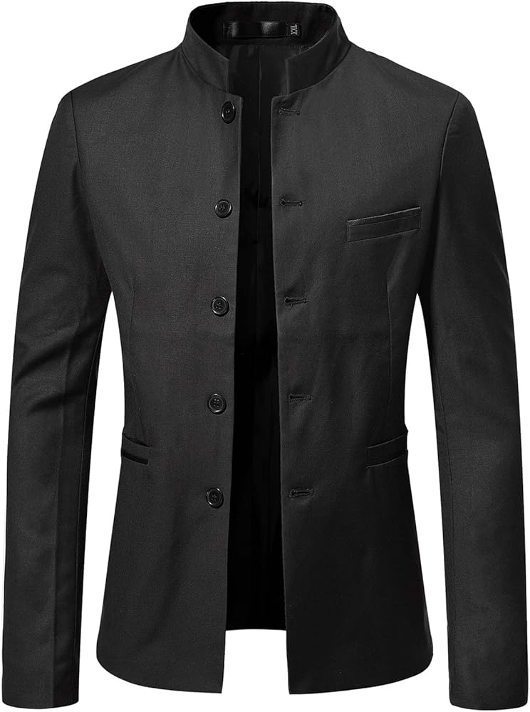 Stand Collar Mens Chinese Tunic Suit Casual Solid Blazers Slim Fit Uniform Coat