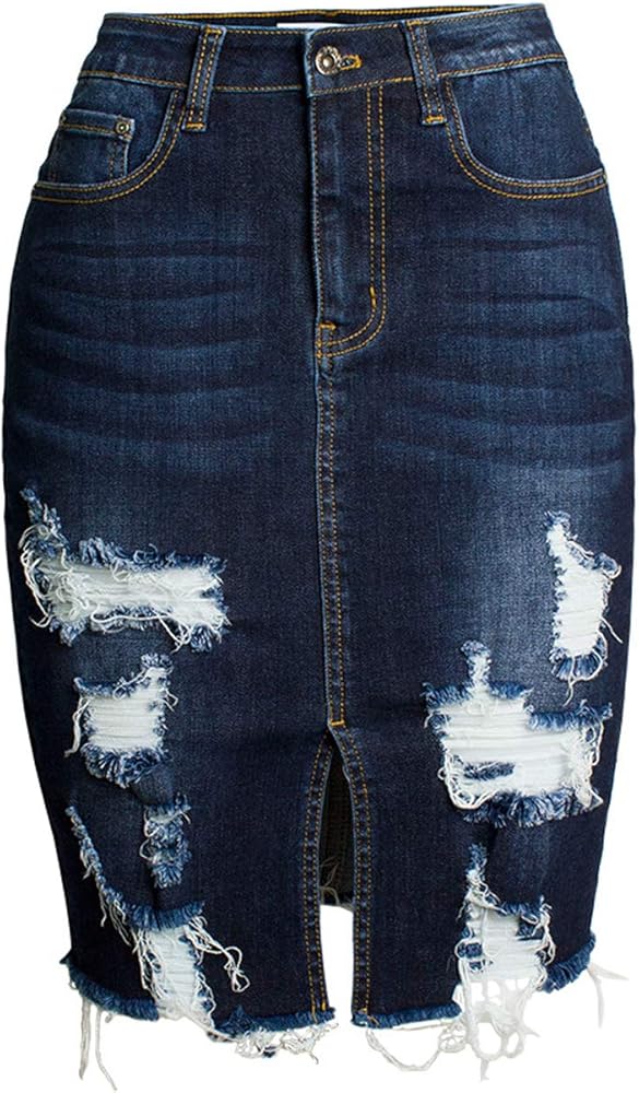 chouyatou Women's Bodycon Front Split Frayed Dark Washed Midi Denim Pencil Skirt