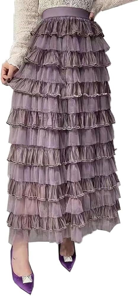 Women Tutu Tulle Skirt Elastic High Waist Layered Skirt Floral Print Mesh A-Line Midi Skirt