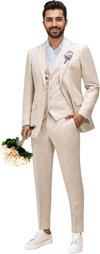 Suits for Men 3 Piece Linen Suit Summer Beach Wedding Party Casual Suit Blazer Vest Slacks