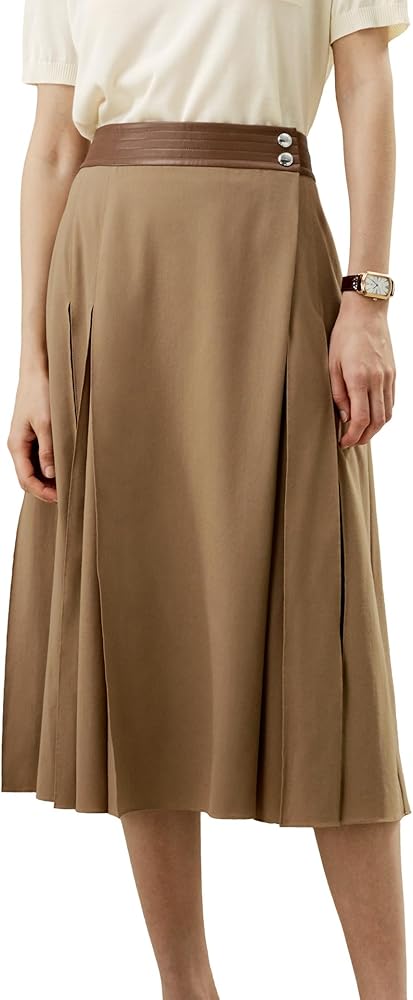 LilySilk Wrap Wool Skirt with Silk Chiffon Lining for Women Midi Length with Leather Pacthed Waistband Vintage Soft
