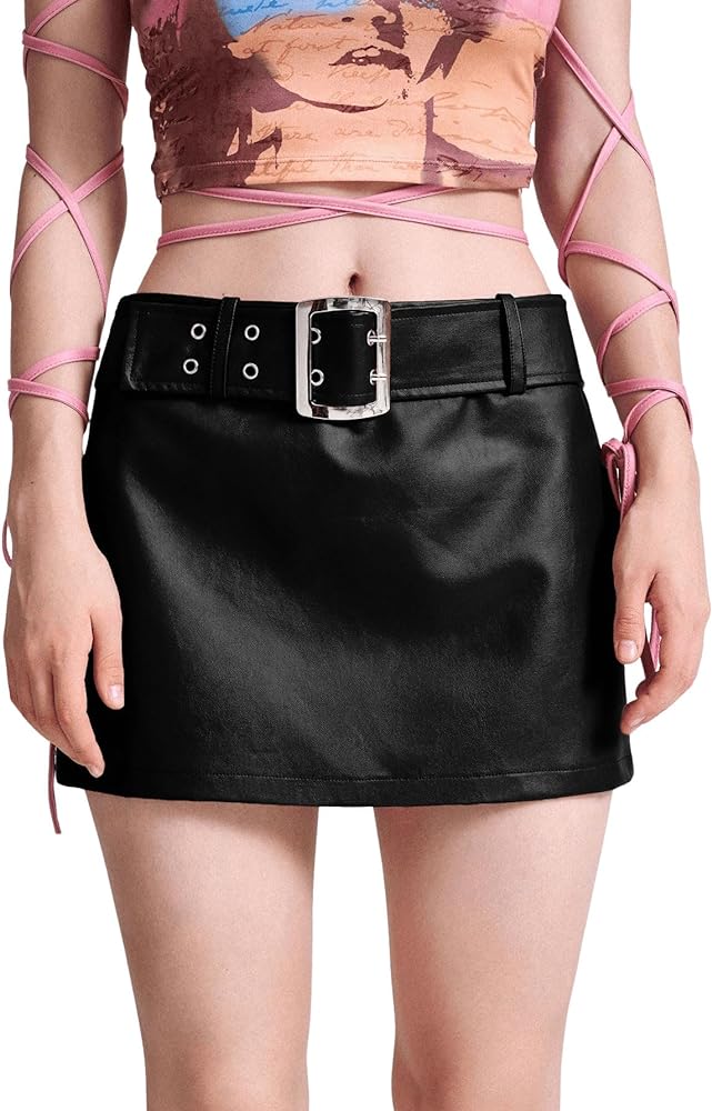 Verdusa Women's Y2K Buckle Belted High Waist Short PU Leather Skirt