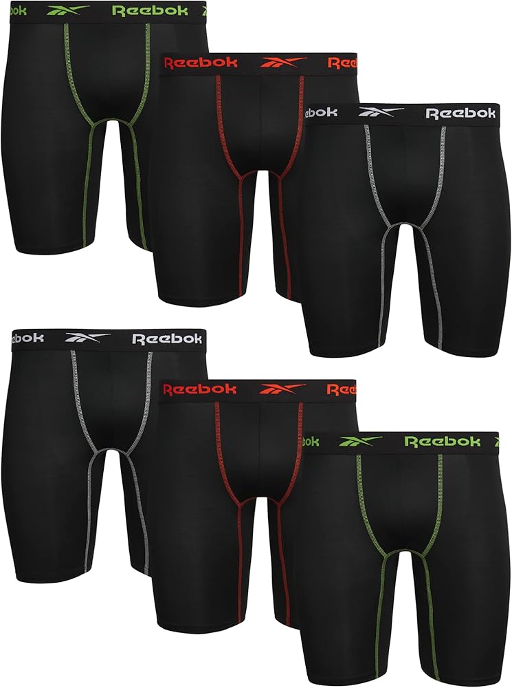 Reebok Men's Boxer Briefs – 6 Pack Long Leg Performance Compression Boxers for Men - Big and Tall Mens Underwear (S-XL)