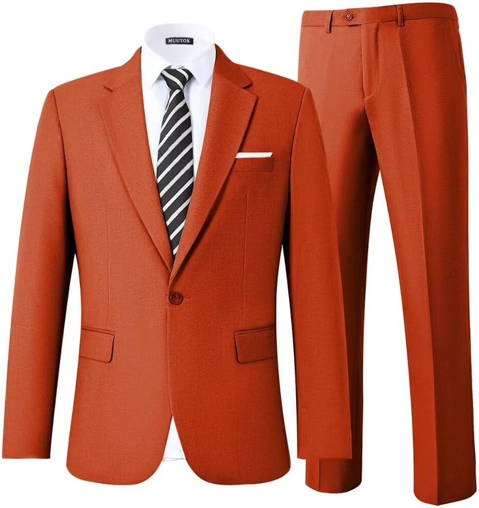 HUUTOE Men's 2 Piece Suits Slim Fit Wedding Business Party Prom Suit Solid One Button Notch Lapel Blazer Jacket and Pants