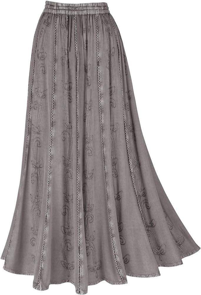 Women's Floral Embroidered Maxi Skirt-Over-Dyed Long Peasant Skirt, Ankle Length