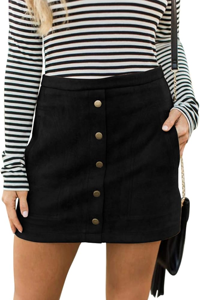 Meyeeka Women's Button Front Faux Suede High Waist A-line Mini Skirt with Pocket