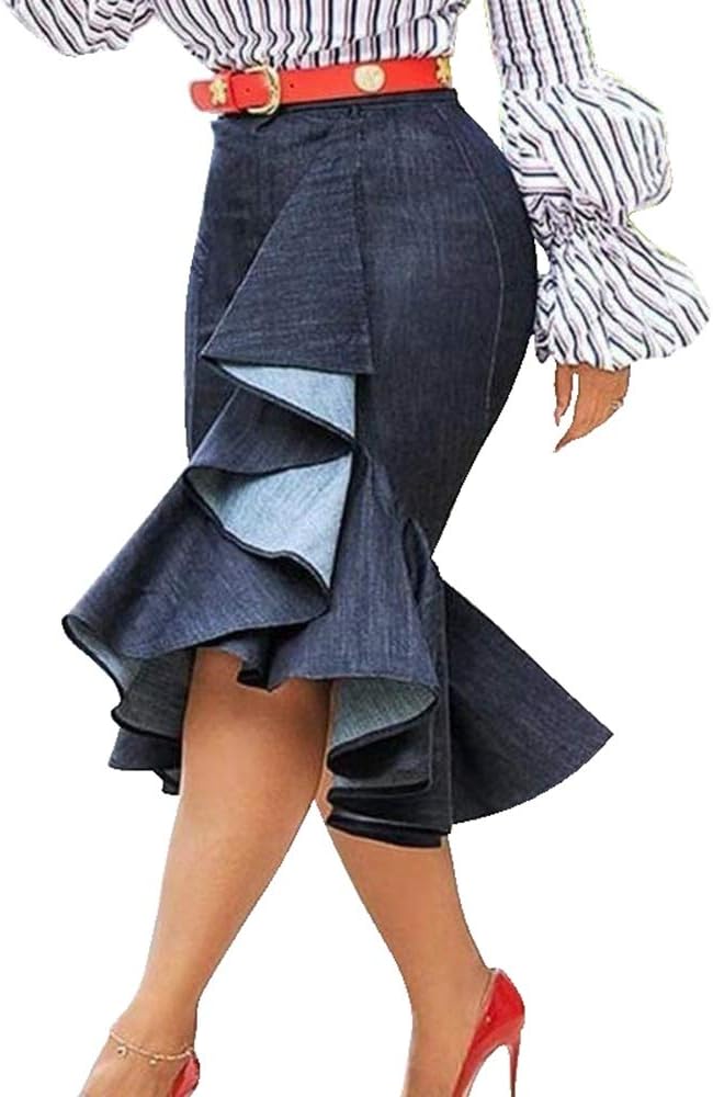 VERWIN Mermaid Plain Falbala Mid-Calf High Waist Women's Skirt