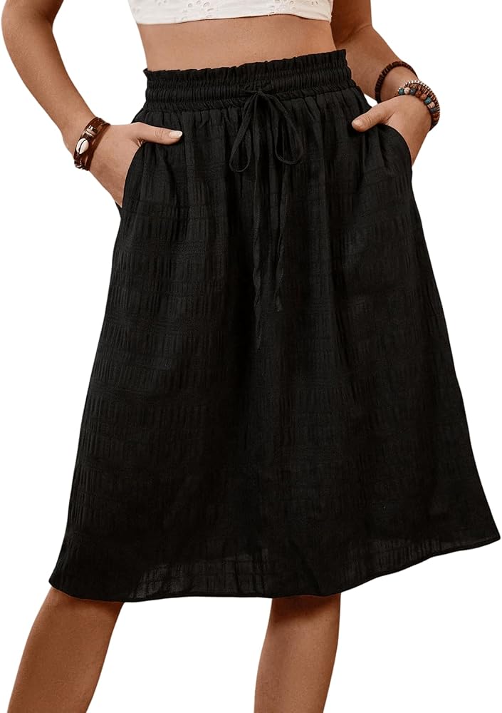 SweatyRocks Women's Casual Elastic Waist Pleated A-Line Midi Skirt with Pocket