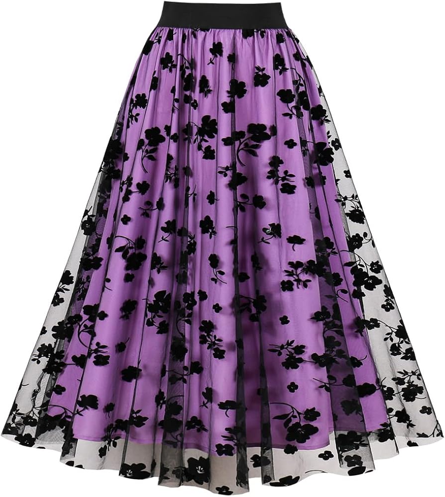 Wellwits Women's Mesh Overlay High Waist Casual Formal Flare Midi Skirt