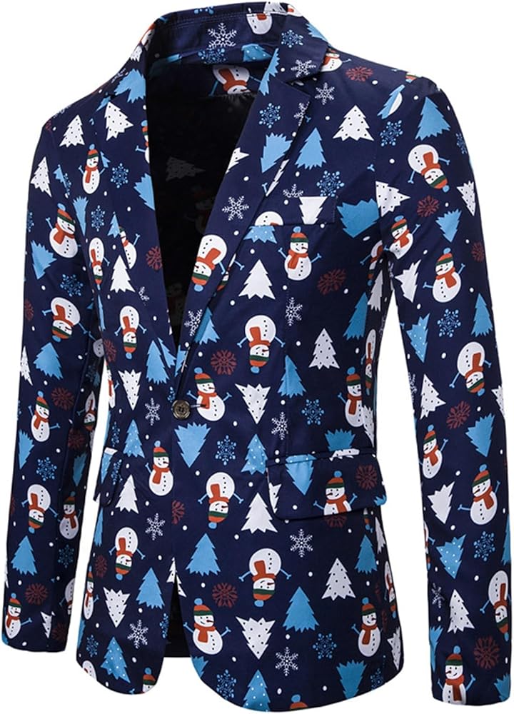 Christmas Suit Jacket for Men Ugly Xmas Santa Claus Snowflake Print Funny Graphic Blazers One Button Shawl Lapel Party Jacket