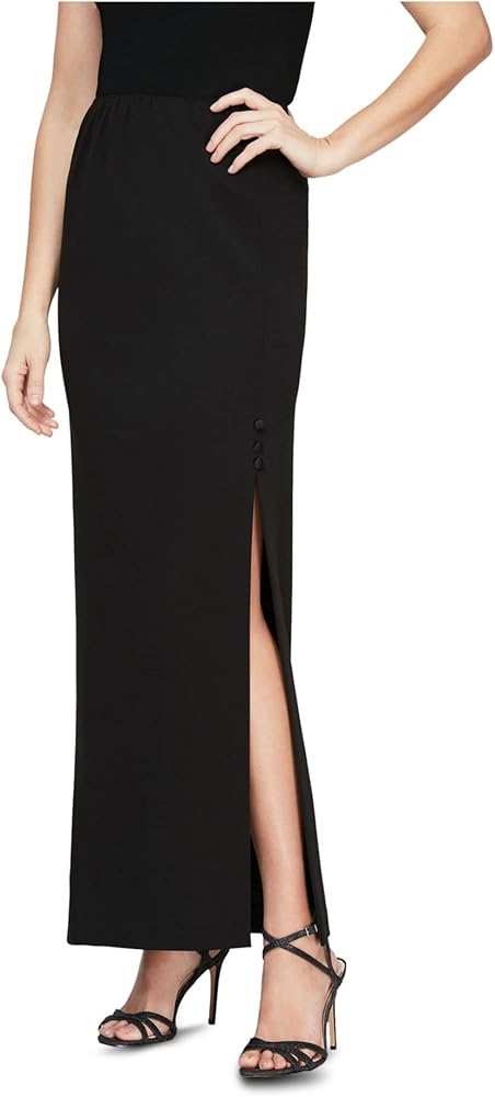 Alex Evenings Women's Size Long Skirt with Button Detail Side Slit Petite Regular Plus, Black Plus