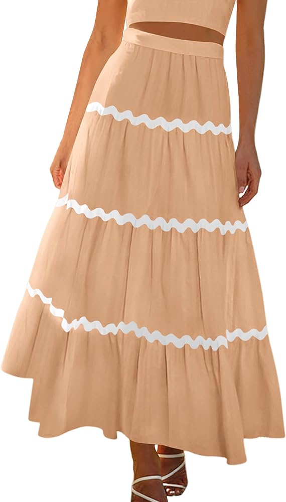 MASCOMODA Long Maxi Skirts for Women 2024 Summer Ruffle Tiered Elastic High Waisted Flowy Beach Boho Skirt with