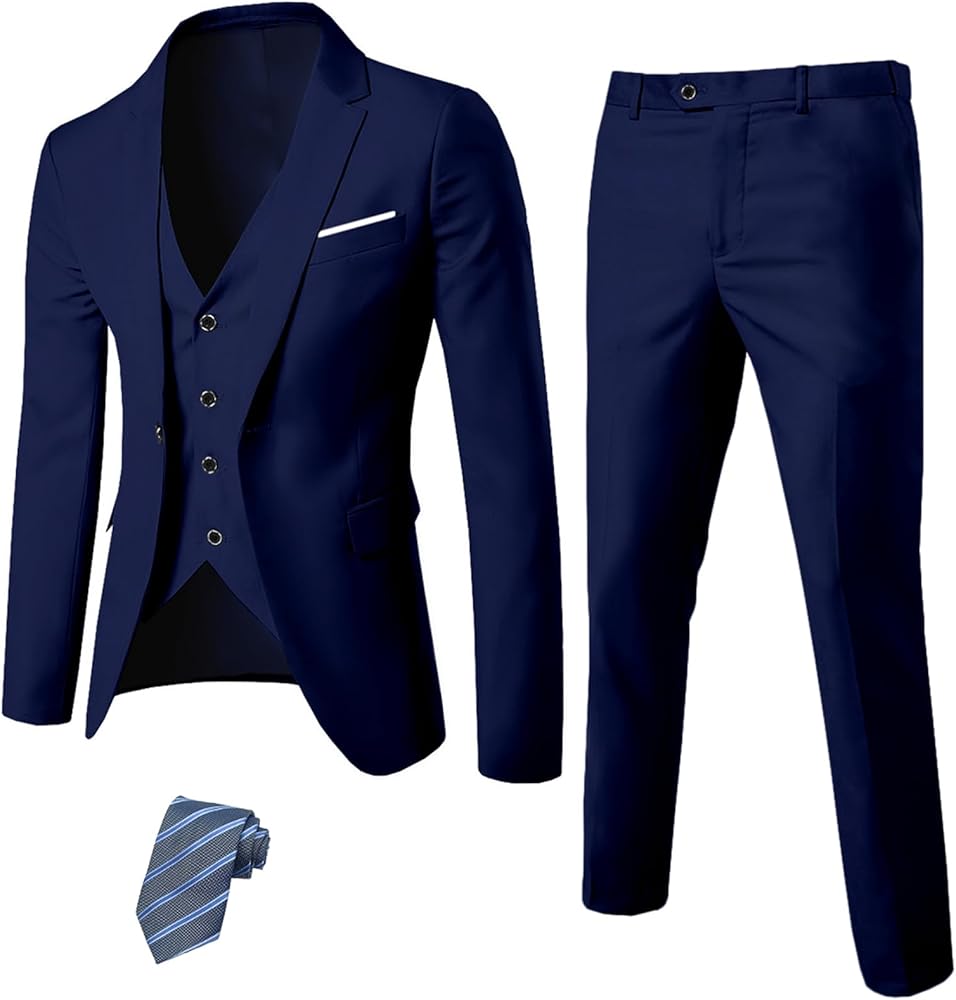 MY'S Men's 3 Piece Slim Fit Suit, One Button Jacket Blazer Vest Pants Set and Tie