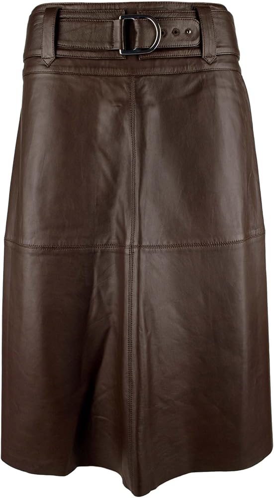 Lauren Ralph Lauren Women's Belted Lambskin Leather Midi Skirt 6 Brown