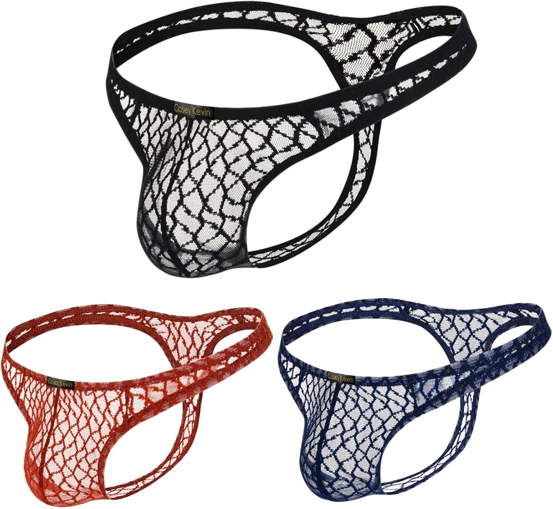 Casey Kevin Men's Thongs Underwear Sexy Lace G-String Bulge Pouch Breathable Panties, 3 packs