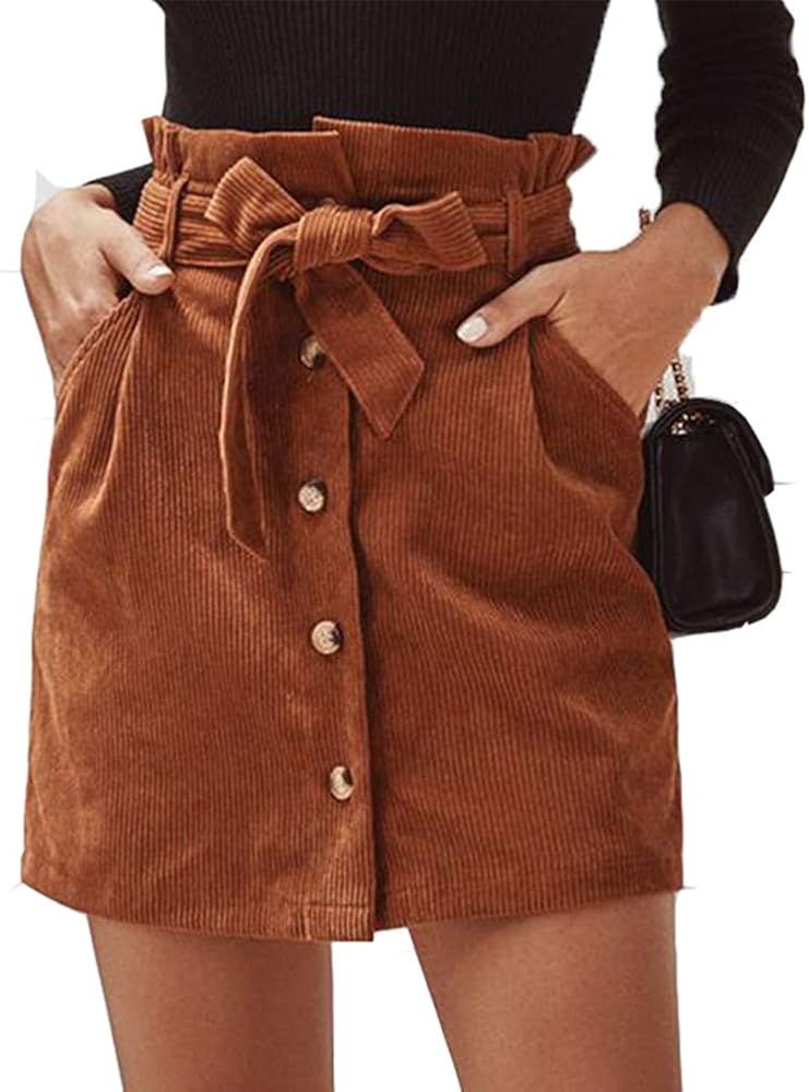 Susupeng Women Paperbag High Waist Elastic Belted Corduroy Button Front with Pockets Short Mini Skirt
