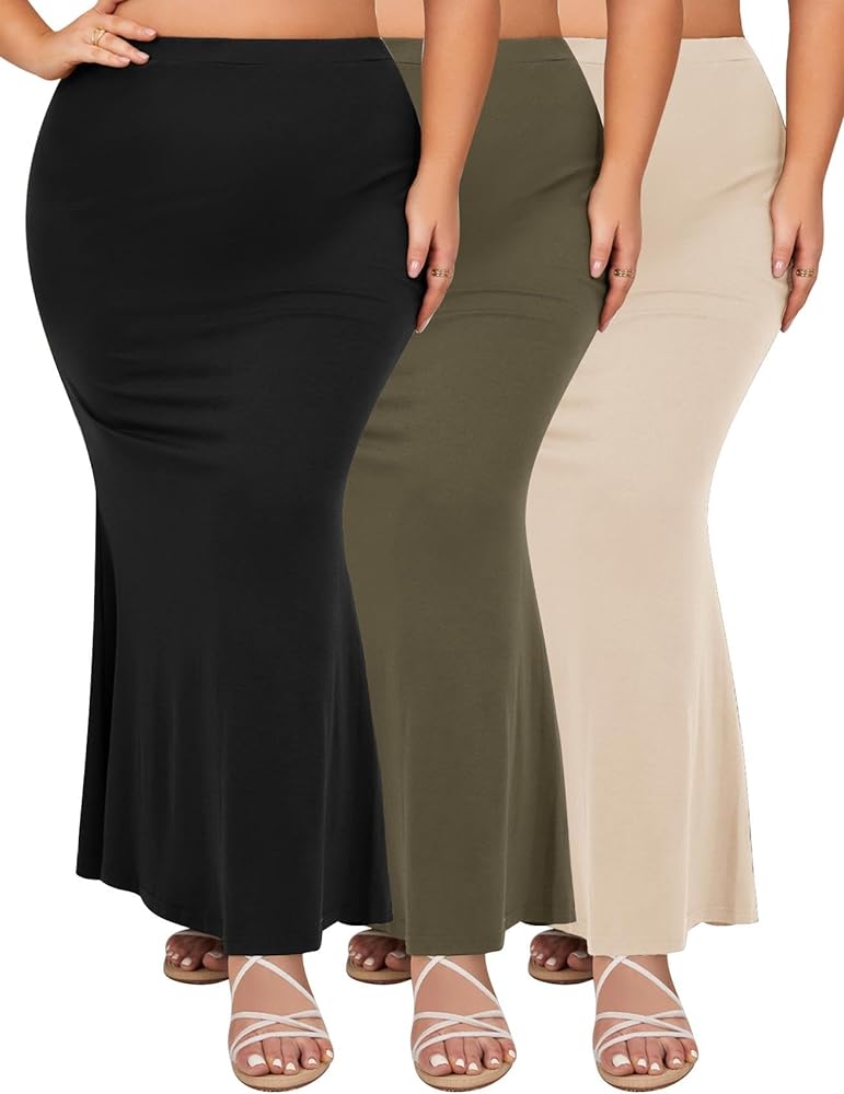 ZOMVA 2024 Plus Size 0X-5X Maxi Skirt 2/3 Pack Mermaid Bodycon Pull On High Waist Casual Elegant