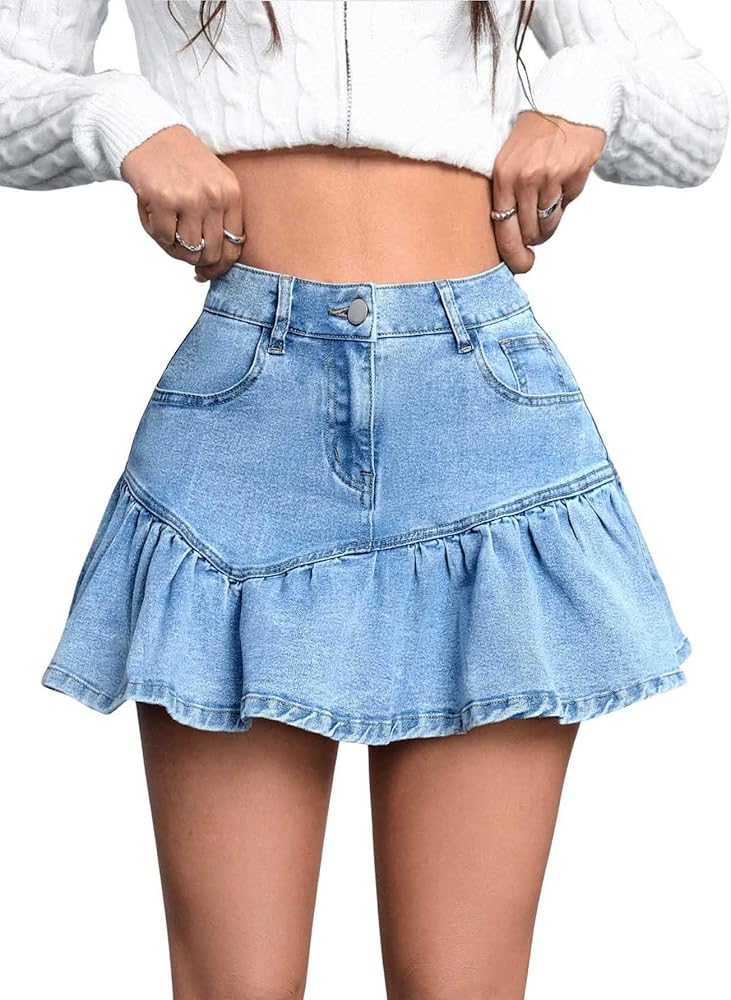 Women's High Waist Mini Denim Skirt Button Front Ruffle Hem A-Line Short Jean Skirts