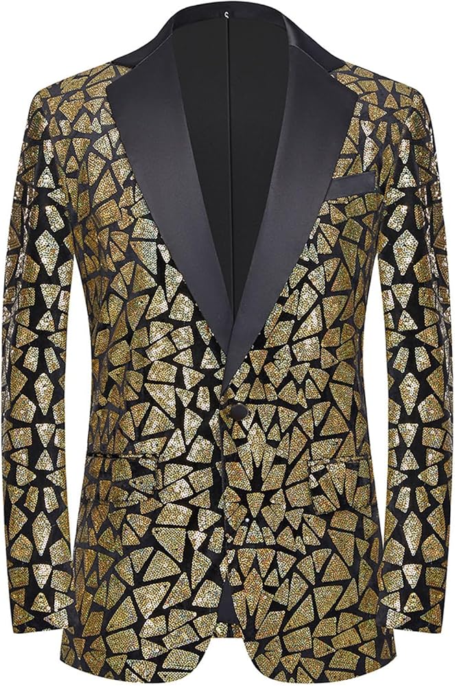 Men's Slim Fit Shiny Sequins One Button Suit Jacket Blazer Tuxedo for Dinner Prom Party Wedding