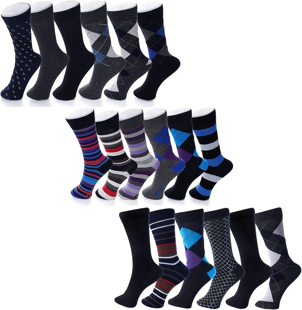 Alpine Swiss Mens Cotton 18 Pack Dress Socks Solid Ribbed Argyle Shoe Size 6-12