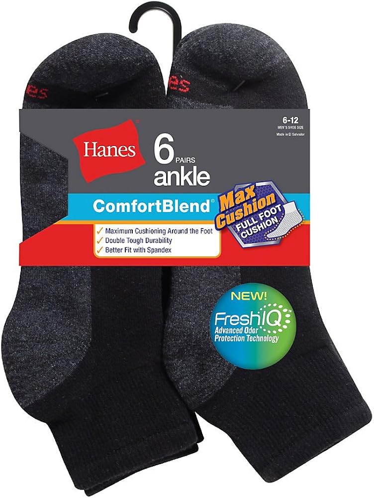 Hanes Men's ComfortBlend Max Cushion Ankle Sock 6-Pack_Black_6-12