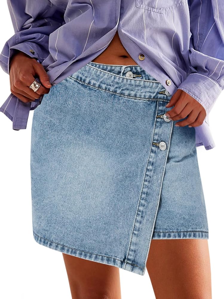 Cicy Bell Womens Jean Skirts Casual Wrap Button Asymmetrical Hem Summer Denim Mini Skirt