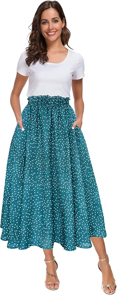 Sinono Women Elastic High Waist A Line Floral Print Swing Chiffon Beach Midi Long Skirt with Pockets